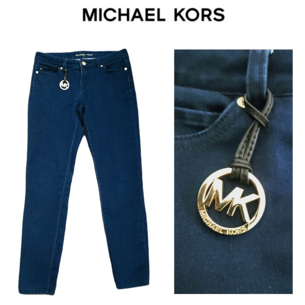 Michael Kors Mid Rise Skinny Jeans w/Metal/Leather MK Charm, Darkwash, Size: 4
